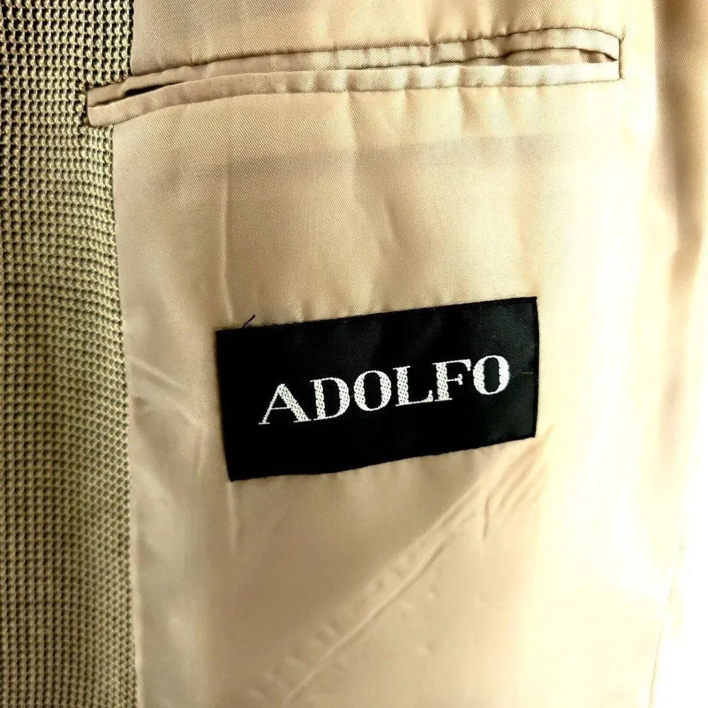 Adolfo Silk Wool 3 Button Sport Coat 44R Black Tan Nailshead‎ Check